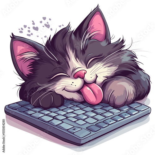 Vector illustration of a cute fluffy cat with green eyes lying on a computer keyboard, sticking out its tongue playfully. A funny concept about pets interrupting remote work.