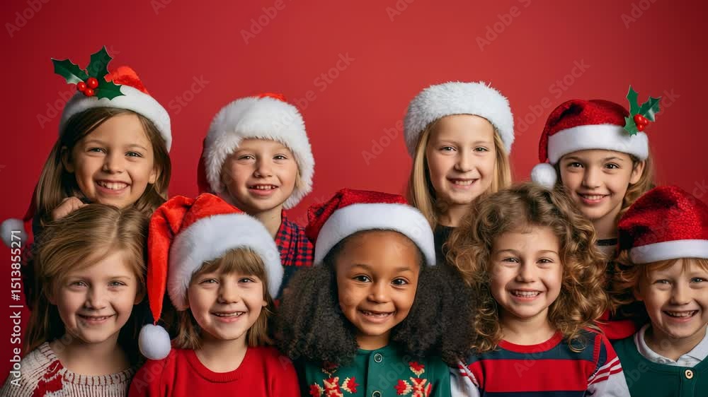 Group of diverse children wearing santa hats. A heartwarming image capturing the joy of the season, perfect for holiday themes. Group of diverse children wearing santa hats. A heartwarming image capturing the joy of the season, perfect for holiday themes.