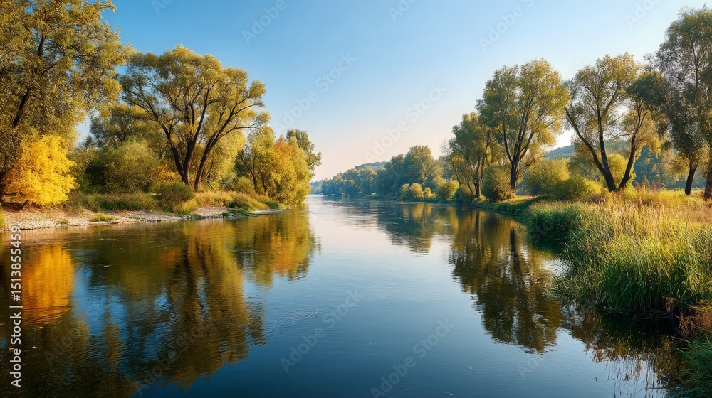 River with Trees and Reflections under Blue Sky River with Trees and Reflections under Blue Sky