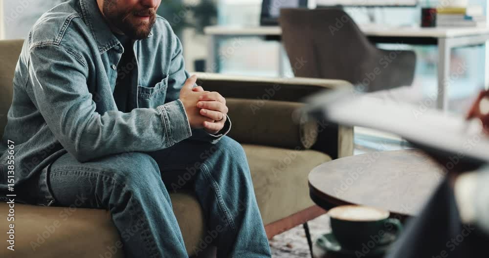 Therapy, counseling and hands of man with therapist for consulting, advice and emotional support. Psychology, frustrated patient and doctor with clipboard for writing notes, anger and session Therapy, counseling and hands of man with therapist for consulting, advice and emotional support. Psychology, frustrated patient and doctor with clipboard for writing notes, anger and session