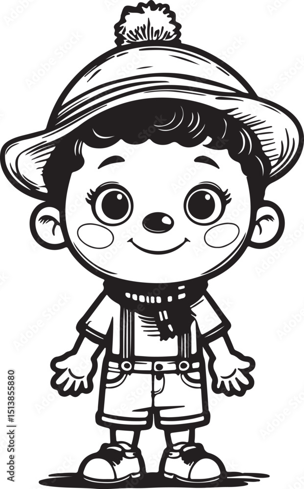 Cute Cartoon Boy Hand-Drawn Black and White Character with Hat and Scarf Cute Cartoon Boy Hand-Drawn Black and White Character with Hat and Scarf
