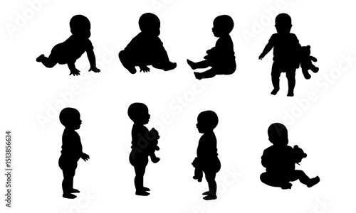 Collection of black silhouettes of young children (babies, toddlers) in different developmental stages and activities. Minimalist vector art for family-themed designs.