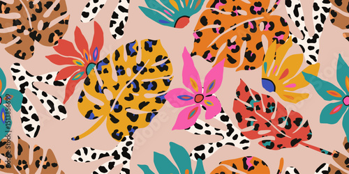 Hand drawn ethnic floral pattern. Seamless patterns with flowers, palm leaves and leopard. For fabric, textiles, clothing, poster, cover, banner, wall art, home decor, abstract backgrounds.