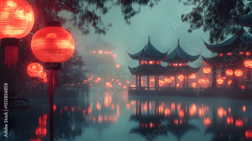 Red lanterns illuminate a serene asian waterscape scene