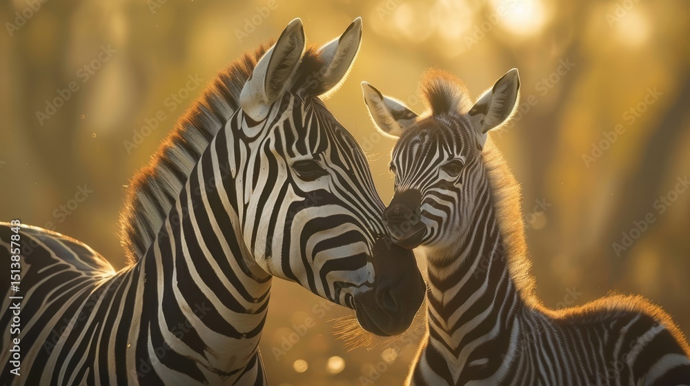 Fototapeta premium zebra with her foal on grass field