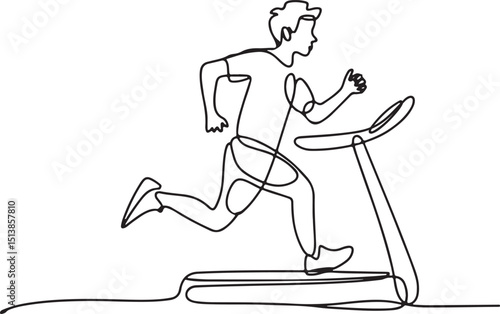 Continuous line drawing of a young man running on a treadmill, minimalist vector illustration in black outline style

