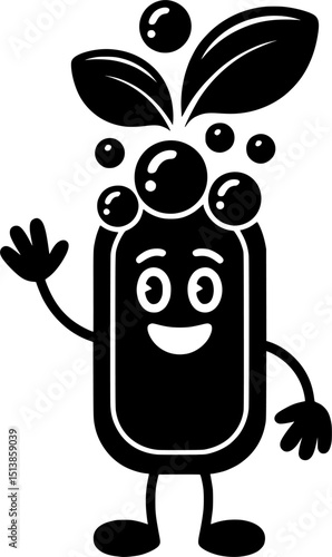 Black silhouette of biodegradable soap bar mascot with leaf-shaped bubbles, perfect for eco-friendly designs and organic artwork