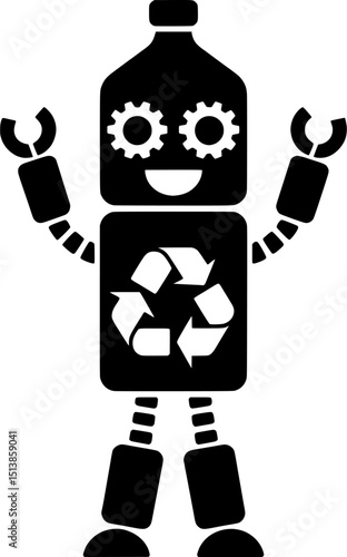 Black silhouette of cheerful recycling robot mascot with gear eyes, perfect for eco-friendly designs and sustainable artwork