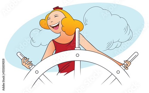 Happy girl at helm of yacht.
