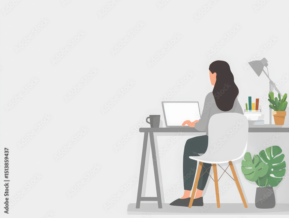Fototapeta premium Hybrid Work HomeOffice Woman working on laptop at home with desk and plant.