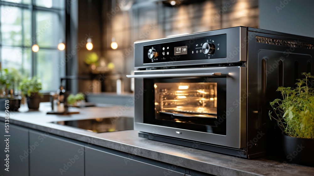 advanced built-in oven glowing warmly, surrounded by minimalist décor and potted herbs, symbolizing innovation and culinary lifestyle advanced built-in oven glowing warmly, surrounded by minimalist décor and potted herbs, symbolizing innovation and culinary lifestyle