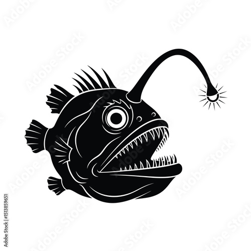 Scary anglerfish silhouette perfect for deep sea, horror, fantasy, and ocean-themed designs.

