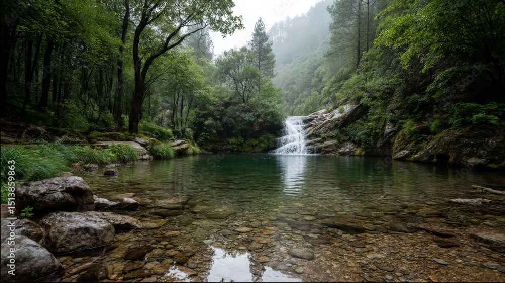 Obraz premium Waterfall and Pool Surrounded by Forest