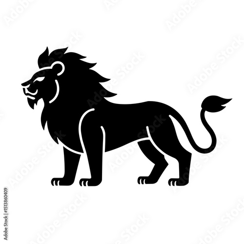 Silhouette black and white vector of a lion standing in profile with large mane for design and printing
