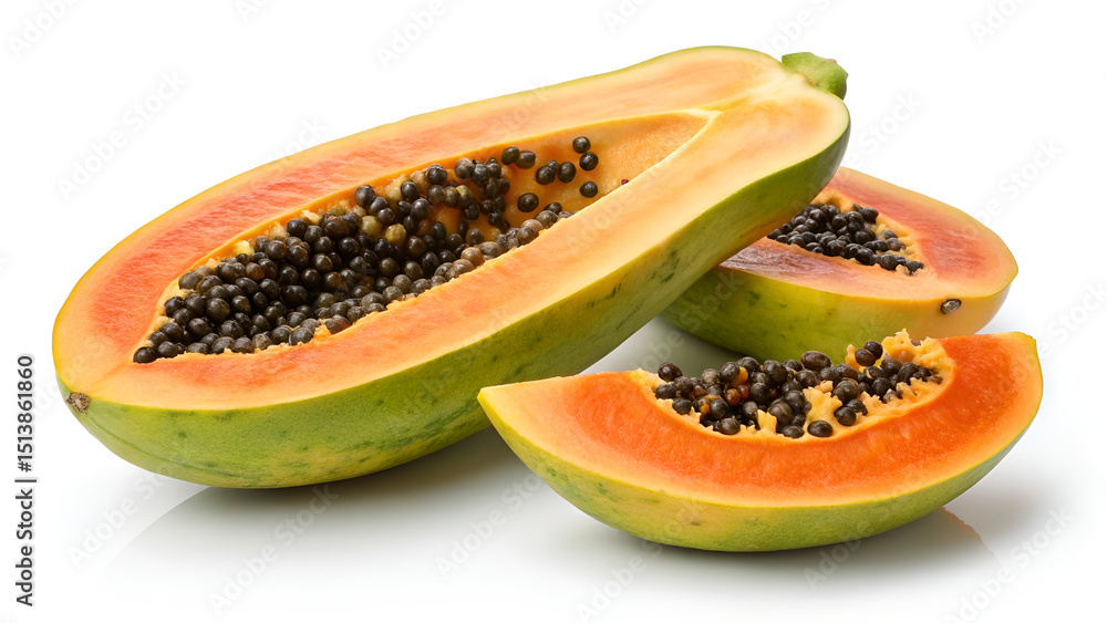 Fresh, ripe orange papaya fruit, both whole and cut to reveal juicy seeds, isolated on white Fresh, ripe orange papaya fruit, both whole and cut to reveal juicy seeds, isolated on white