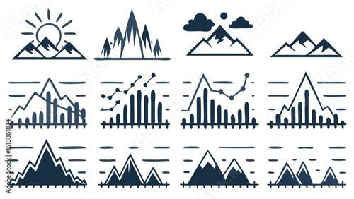 Mountain Peaks Vector Art Graphics Outdoor Adventure Landscape Icons Nature Tourism Design Elements Geometric Minimalist