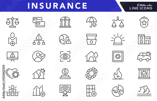 Insurance line icon set. Employee benefits, secure life, car accident, health, bank, property, coverage, security, guarantee, assurance, indemnity outline icon collection. UI thin outline icon pack