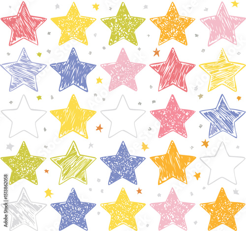 Crayon star, hand drawn pencil or brush doodle pattern. Pastel texture. Color background with star figure. Vector chalk kid sketch shape.blackboard, brush, chalk, children, collage, colours, 