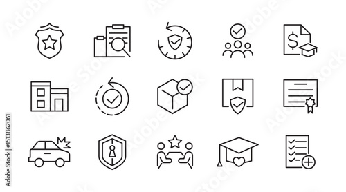 Insurance line icon set. Employee benefits, secure life, car accident, health, bank, property, coverage, security, guarantee, assurance, indemnity outline icon collection. UI thin outline icon pack