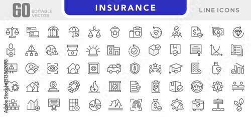 Insurance line icon set. Employee benefits, secure life, car accident, health, bank, property, coverage, security, guarantee, assurance, indemnity outline icon collection. UI thin outline icon pack