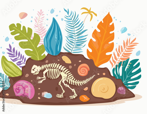 Fossil vector. Archeologic fossil dig set. Dinosaur dino foot, sea animal, fish skeleton, plant, shell. Ancient stone. Evolution rock prehistoric art.fossil, dinosaur, archaeology, illustration, 
