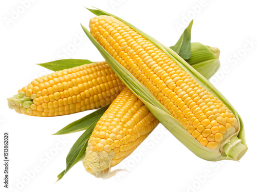 A vibrant still life featuring three ears of corn with green husks and leaves on a black background