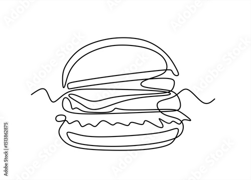 Continuous one line drawing of burger. Single line drawing of hamburger . Silhouette of fast food restaurant burger with cheese, cutlet and salad. Modern design street food logo, banner. Editable	