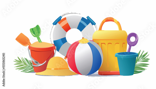 Beach toys in 3d cartoon render. Summer vector icons. Plastic sea vacation objects. 3d ball, inflatable ring, sand mold, sand castle, pinwheel, mask, toy boat, bucket.children, game, mask, play, 