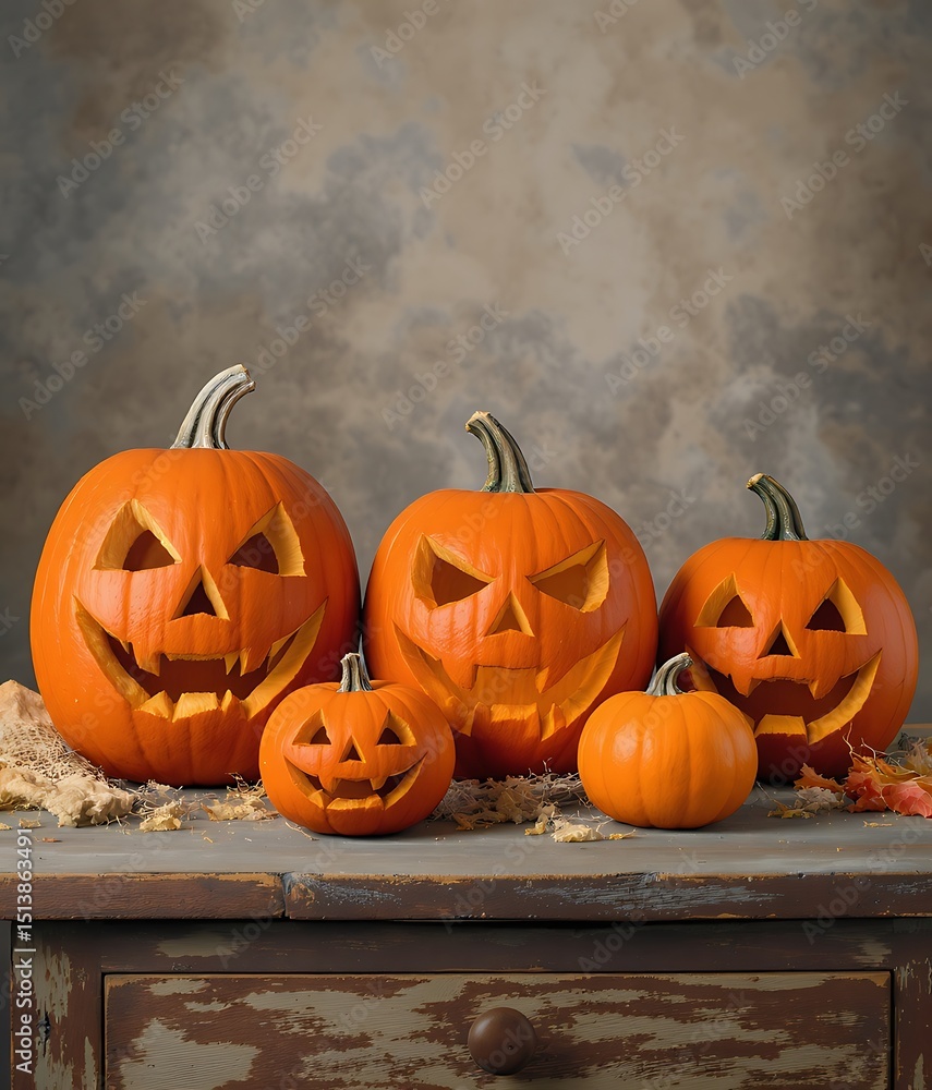 Fototapeta premium Carved halloween pumpkins displayed on wooden table