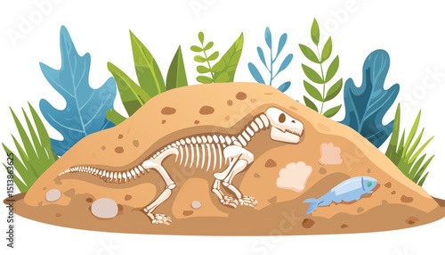 Archeologic fossil dig set. Dinosaur dino foot, sea animal, fish skeleton, plant, shell. Ancient sand stone. Evolution rock prehistoric art. Paleontology, archaeology, evolution, fossil, ground, 