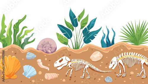 Archeologic fossil dig set. Dinosaur dino foot, sea animal, fish skeleton, plant, shell. Ancient sand stone. Evolution rock prehistoric art. Paleontology, archaeology, evolution, fossil, ground, 