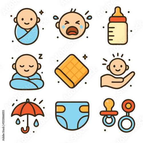 Baby icons including a diaper, a bottle, and a pacifier suitable for baby shower invitations, childcare posters, and parenting blogs