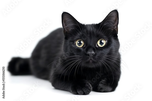 Adorable black cat with bright yellow eyes on a white background.
