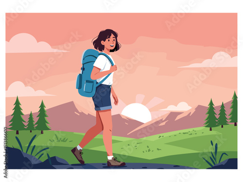 Flat Vector Of Female hiker character enjoying a scenic mountain view.