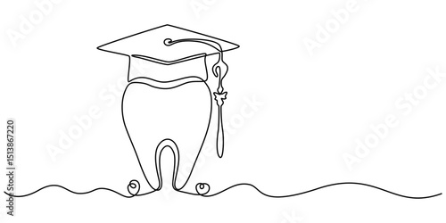 dental logo with graduation cap continuous one line drawing, One line drawing of a teeth, Graduation Cap Continuous Line Art Illustration, Tooth in graduation hat dental school icon isolated. Vector.