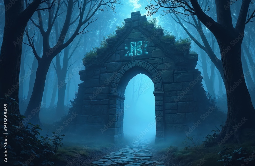 Obraz premium Mysterious stone archway amidst trees of mystical forest. Ancient runes glow faintly in eerie blue fog light. Foggy fantasy scene, entrance to magic portal. Art illustration, AI generative image.