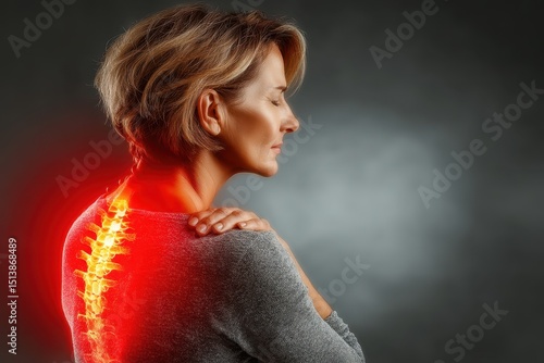 woman experiencing upper back and neck pain with glowing spine overlay, ideal for medical, chiropractic, or wellness use.
