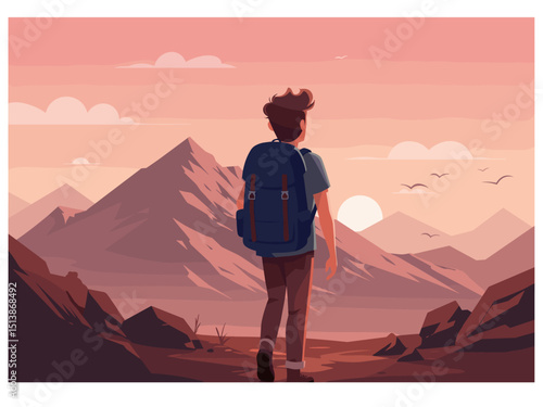 Flat Vector Of Solo traveler or hiker enjoying a moment of solitude in the mountains