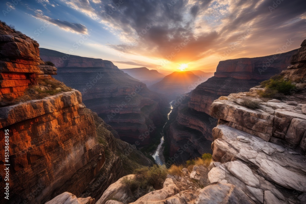 Fototapeta premium Majestic sunset over canyon river valley dramatic landscape