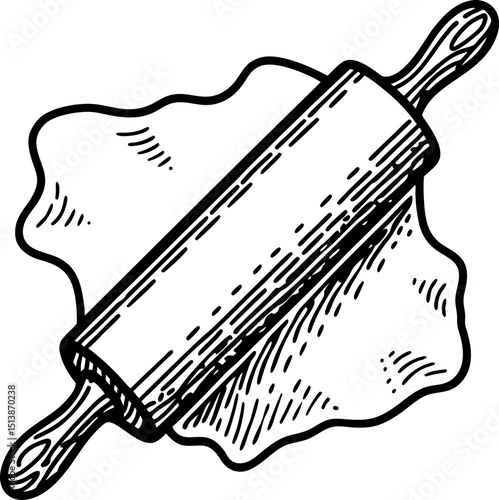 Rolling pin flattening dough baking utensil illustration, homemade pastry preparation, kitchen cooking concept