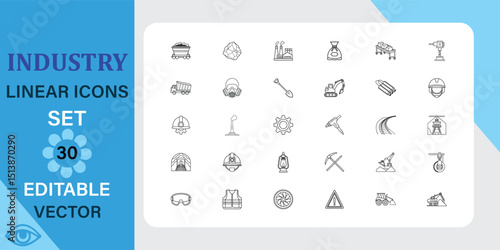 Industry Linear Icons Set. Construction, Manufacturing, Energy And More. Outline Vector Icon In Linear Style. Editable Stroke. Vector Illustration.