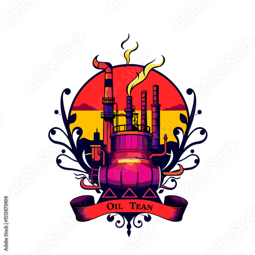 Vintage-inspired oil refinery emblem with vibrant colors, artistic design, featuring copy space
