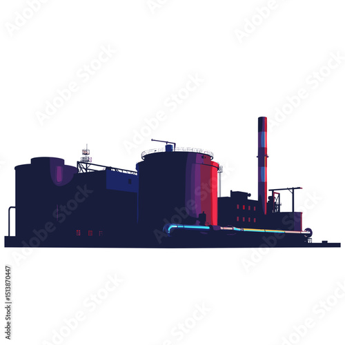 Industrial complex silhouette with colorful pipelines, futuristic style, minimal background, featuring copy space