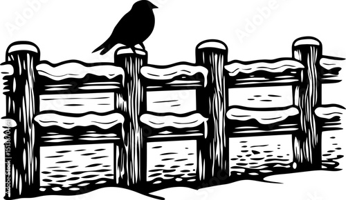 Crow perched on snowy wooden fence winter landscape, black and white illustration with rustic rural scene