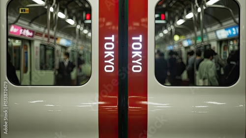 Tokyo subway doors featuring lit word and blurred passengers capturing the essence of urban commute and travel