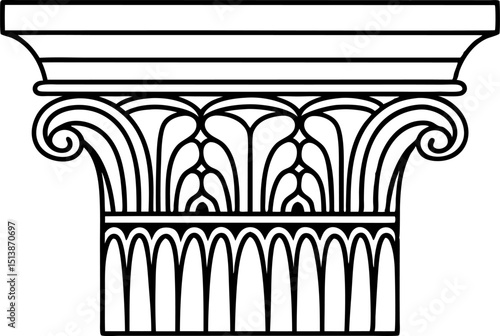 Classical corinthian column capital intricate floral acanthus pattern, architectural detail line illustration