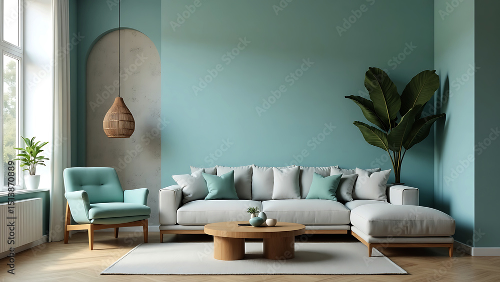 Obraz premium modern living room tv interior design with white sofa wooden panel wall decor and cozy accessories