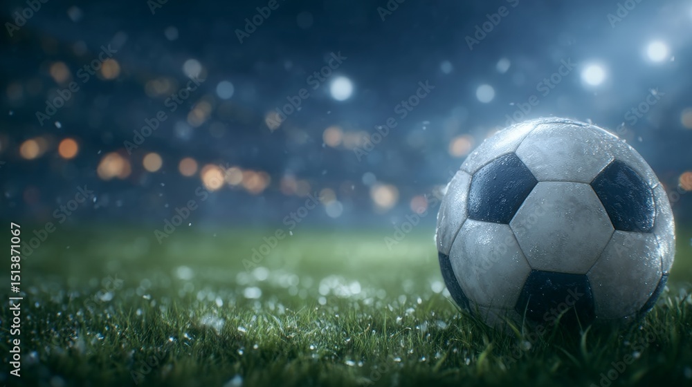 Fototapeta premium Rainy Night Soccer Field Football Game Stadium Grass