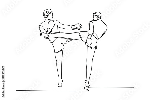 Continuous one line drawing two muay thai boxers exercising traditional martial art in gym or sports center. Healthy lifestyle, hobby, fitness workout. Single line design vector graphic illustration