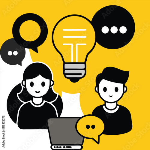 Businessman with a laptop and an idea lightbulb icon representing innovation and creative business solutions
